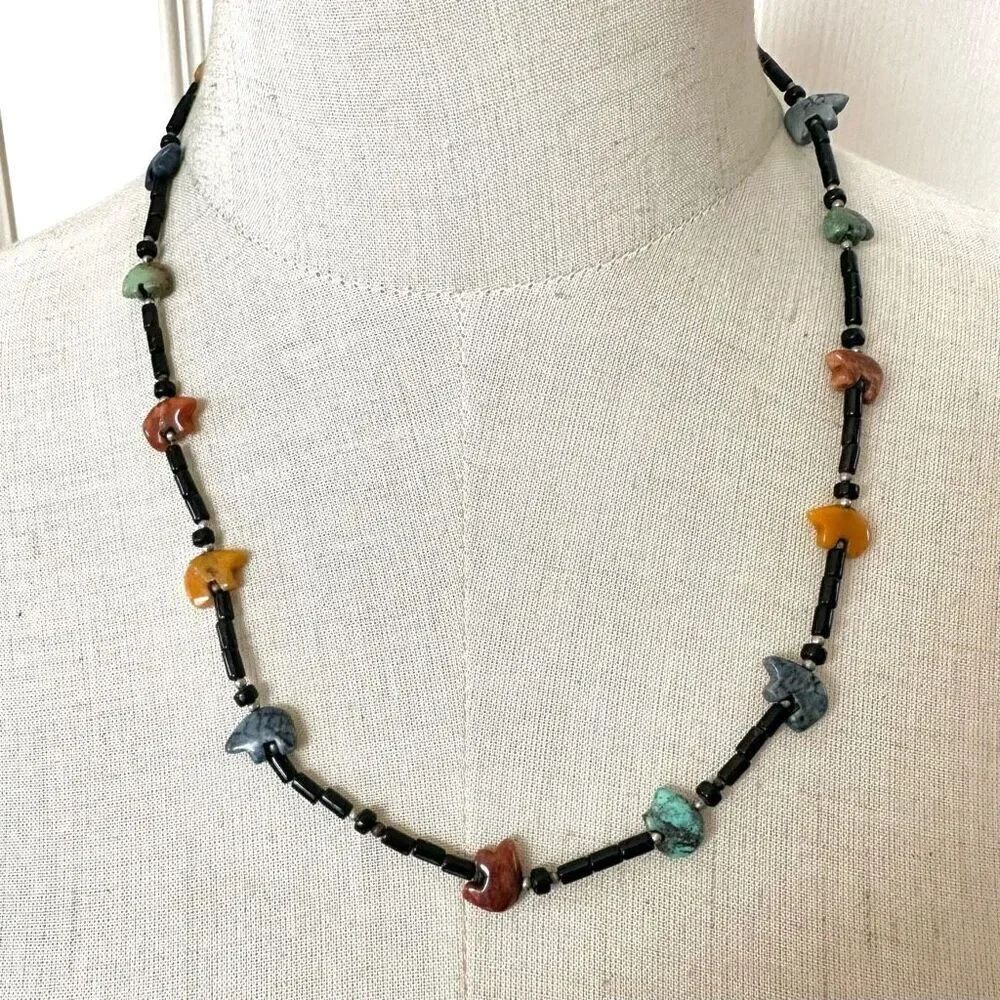 Vintage natural stones fetish bear necklace